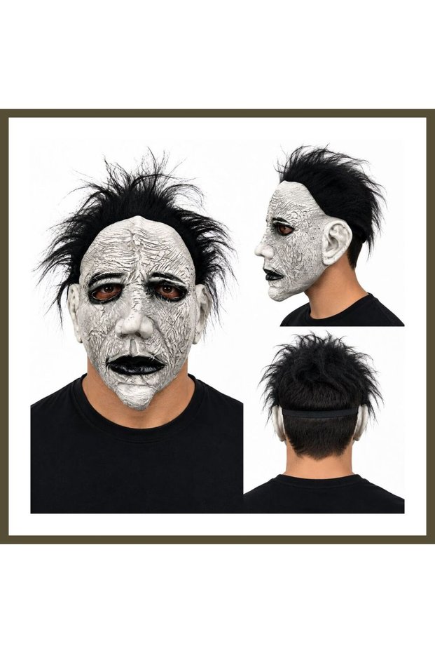 White-Faced Latex Horror Mask with Messy Hair BX