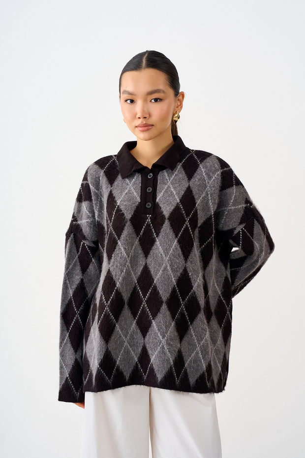 Women's Polo Collar Diamond Patterned Oversized Knit Sweater, Black