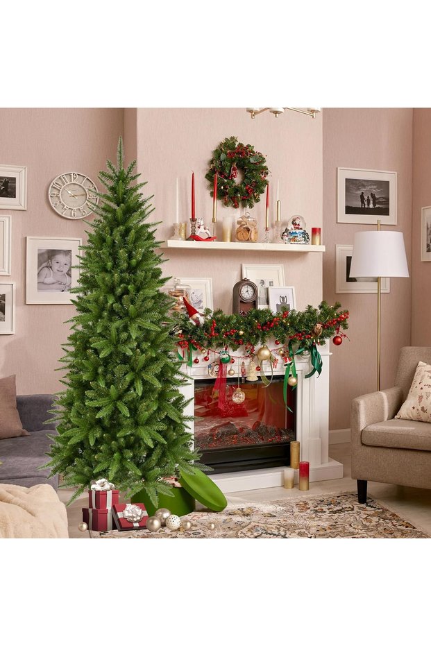 Pencil Artificial Christmas Tree, Realistic PE & PVC Mixed Pine Tips, Hinged Slim Xmas Tree, Sturdy Metal Stand, Indoor Entryway Holiday Decor 5ft / 6ft / 7ft / 8ft / 10ft