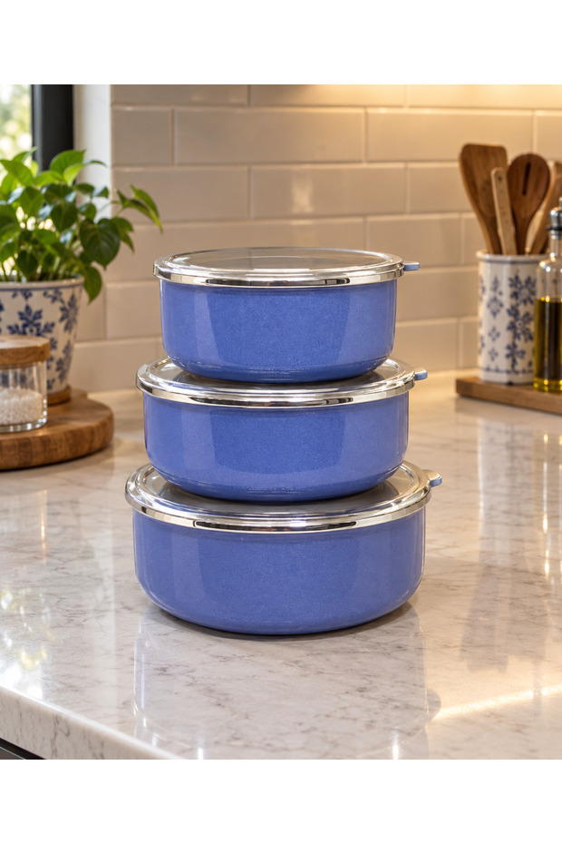 SILVER DETAIL 3-SIZE ENAMELED STORAGE CONTAINER - NAVY BLUE