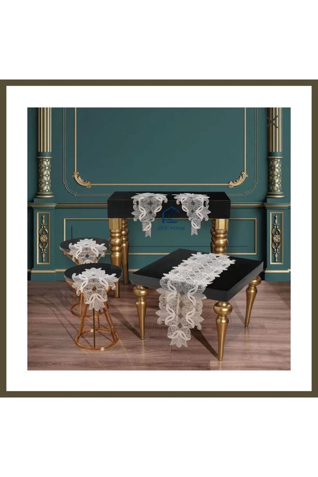 Elegant Bridal Set: Cream 5-Piece Lace Tablecloth and Table Runner Set for the Living Room, Decorative Set BX