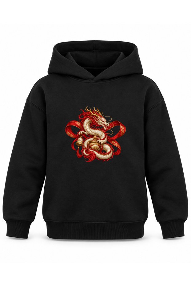 Black Kids' Hooded Sweatshirt with Dragon and Temple Bell Print