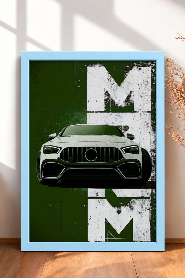 White German Sports Car on a Green Background—Framed Art Print, Car Poster, Garage or Office Wall Decor OTO194