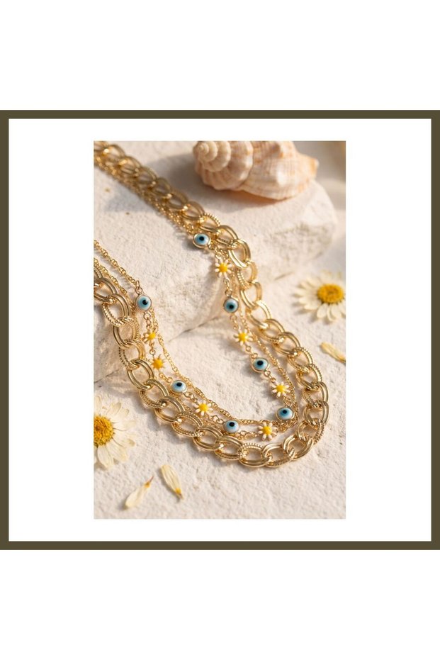 Gold-Toned Milky Way Chain Necklace with Daisy and Evil Eye Design for Women BX