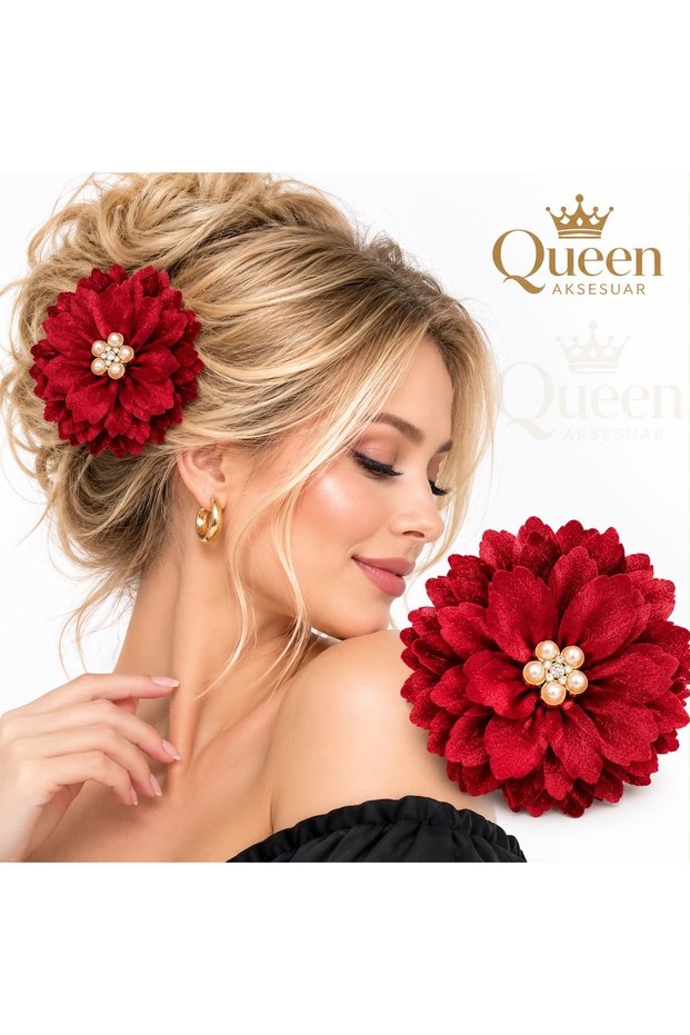 10 cm Large Satin-Layered Floral Clasp Buckled Hair Clip for Women, Decorated with Pearl Crystal Stones, Burgundy Red