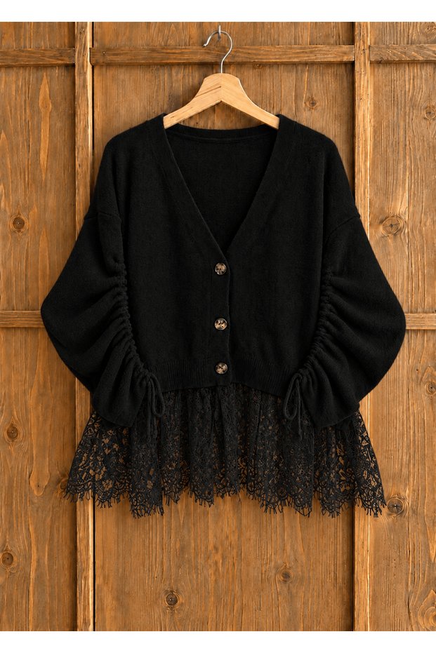Cardigan with Ruched Sleeves and Lace Detail - 8353 - Black (ÖS)