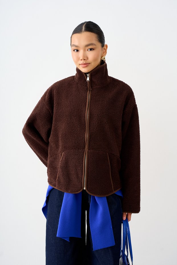 Women's Mock Neck Zip-Up Fleece Jacket with Front Pockets, Brown