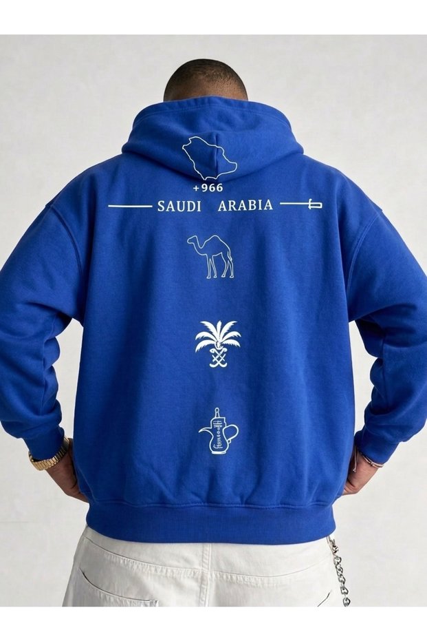 سويت شيرت بغطاء للرأس من السعودية، مقاس كبير، باللون الأزرق.