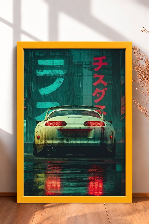 Framed Painting of a Japanese Sports Car on a Rainy Neon Street—Car Poster for Garage or Office Wall Decor OTO181