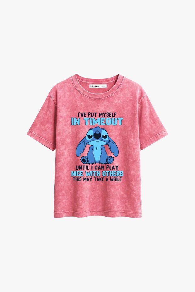 Timeout Printed Relaxed Fit Pre-Washed Pink Women's T-Shirt