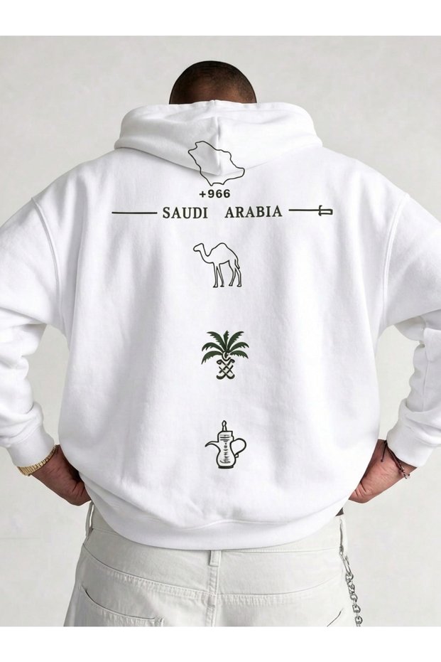 سويت شيرت بغطاء للرأس من السعودية، مقاس كبير، باللون الأبيض.