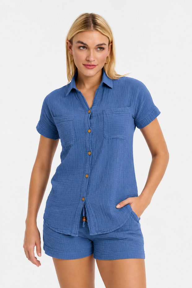 Women's Shirt - Short Sleeve Shirt with Muslin Collar - 1140