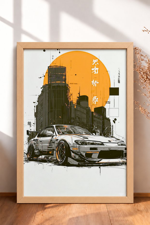 Ink Drawing of a Japanese Drift Car—Framed Art Print, Car Poster, Garage or Office Wall Decor OTO178
