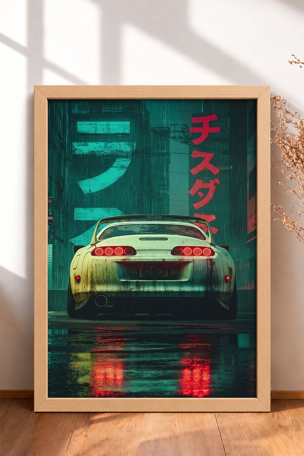 Framed Painting of a Japanese Sports Car on a Rainy Neon Street—Car Poster for Garage or Office Wall Decor OTO181