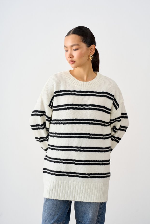 Women's Crew Neck Striped Knit Sweater, Cream