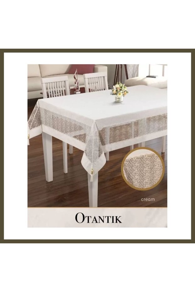 Authentic Style Cream 160x220 cm Linen Embroidered Lace Tablecloth, Elegant Dining Table BX