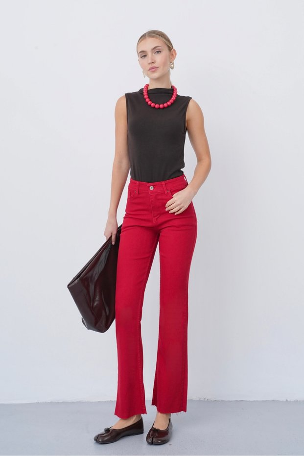 Red Boy Fit Raw Hem Jeans