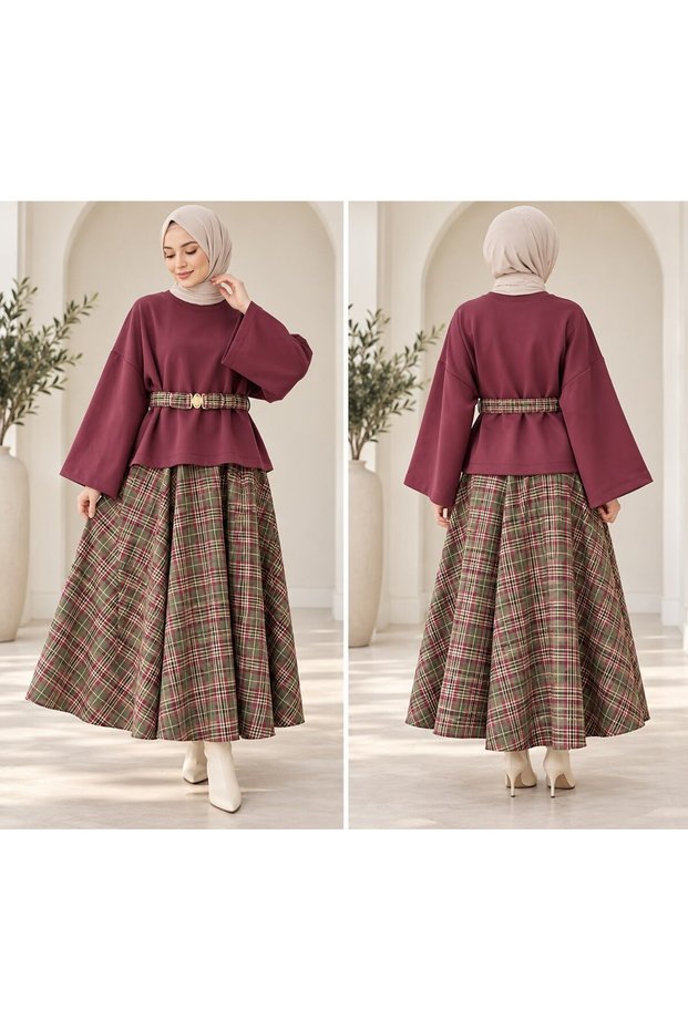 Women's Belted Batwing Sleeve Plaid Skirt Set, Burgundy