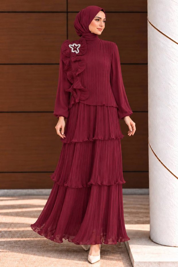 Burgundy Modest Evening Gown with Floral Appliqué and Layered Pleats, Made of Chiffon, 49340BR