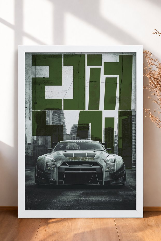 Framed Painting of a Japanese Super Sports Car in Front of Skyscrapers—Car Poster, Wall Decor OTO197
