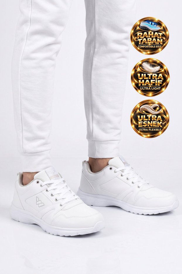 White Lace-Up Lightweight, Flexible Men's Walking and Athletic Sneakers Core 020