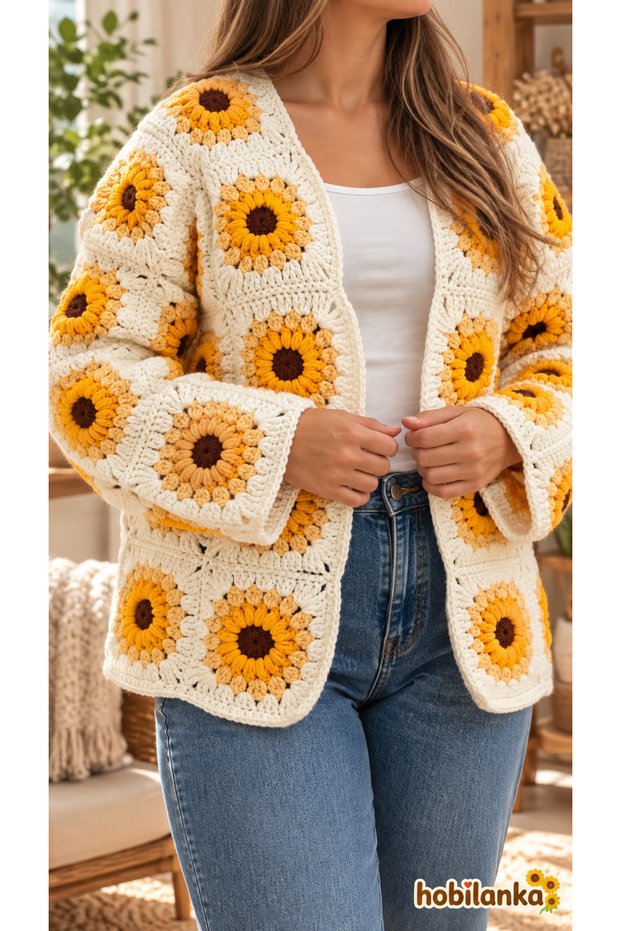 Hand-Knitted 3D Embossed Sunflower Cardigan