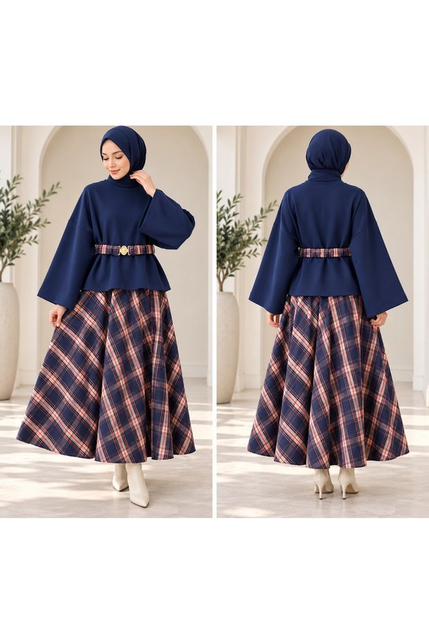 Women's Belted Batwing Sleeve Plaid Skirt Set, Navy Blue