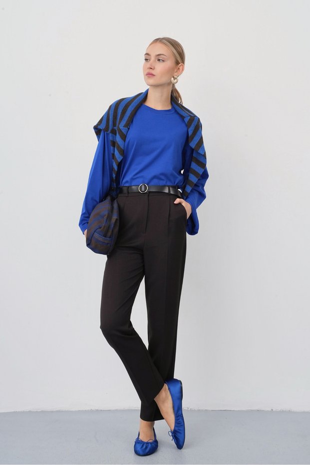 Women's Narrow Leg Pleated Brown Cigarette Pants with a Belt