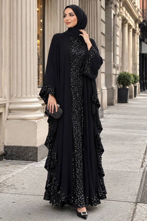 Sequin Cape: Detailed Sequin Black Modest Evening Gown 50090S