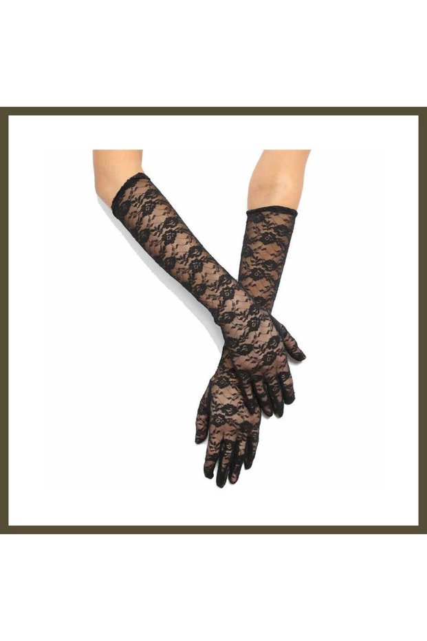 Black, Medium-Sized, Lace-Trimmed, Long-Sleeved Gloves, Model BX