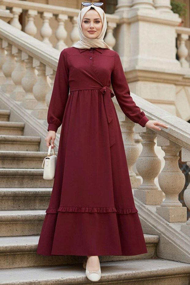 Burgundy Modest Dress with Tie-Detail 6205BR
