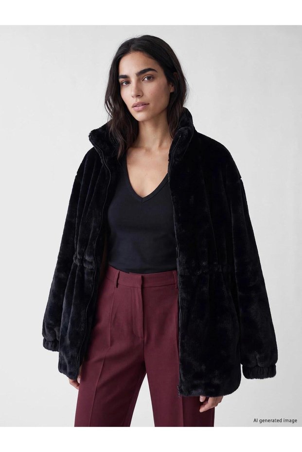 Women's Fur-Trimmed Mock Neck Ruched Coat (W6)