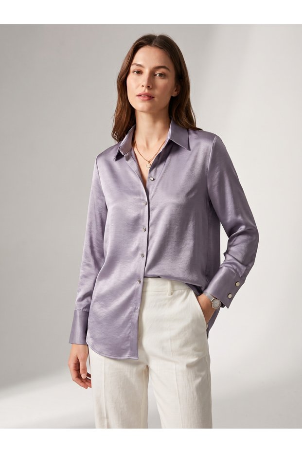 ALFATEKS Women's Satin Shirt, Long-Sleeved, Drapey, Relaxed Fit, Classic Collar, Button-Down