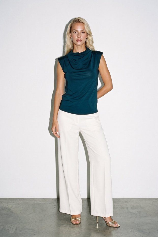Emerald Green Sleeveless Blouse with a Draped Collar