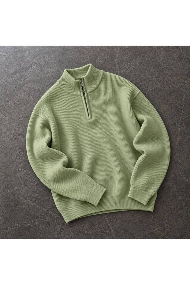 Men's Half-Zipper Stand Collar Ribbed Knit Sweater