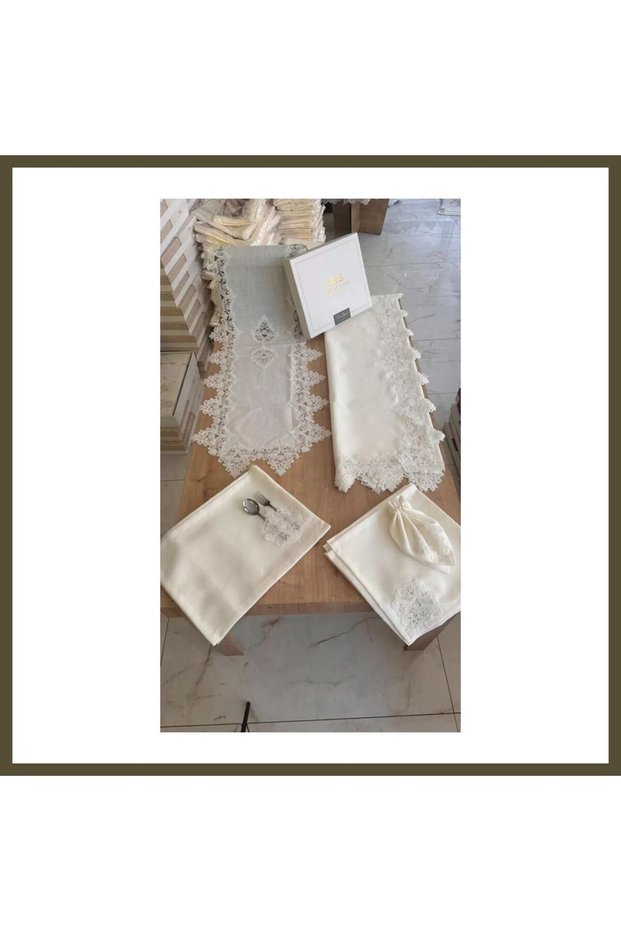 Tableware Set: Mimoza Gardenia Linen Dinner Set, 160x260 Table Set, 26-Piece Table Runner Set BX