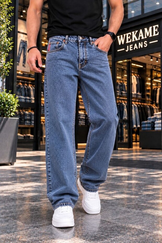 Men's Baggy High Denim Jean Snow Wash Pants