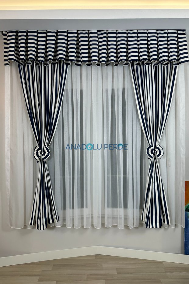 Kitchen Curtain, Closely Pleated, 1/3 Navy Blue Striped, with Fringe, Short Curtain Rail, Modern Drapery Curtain