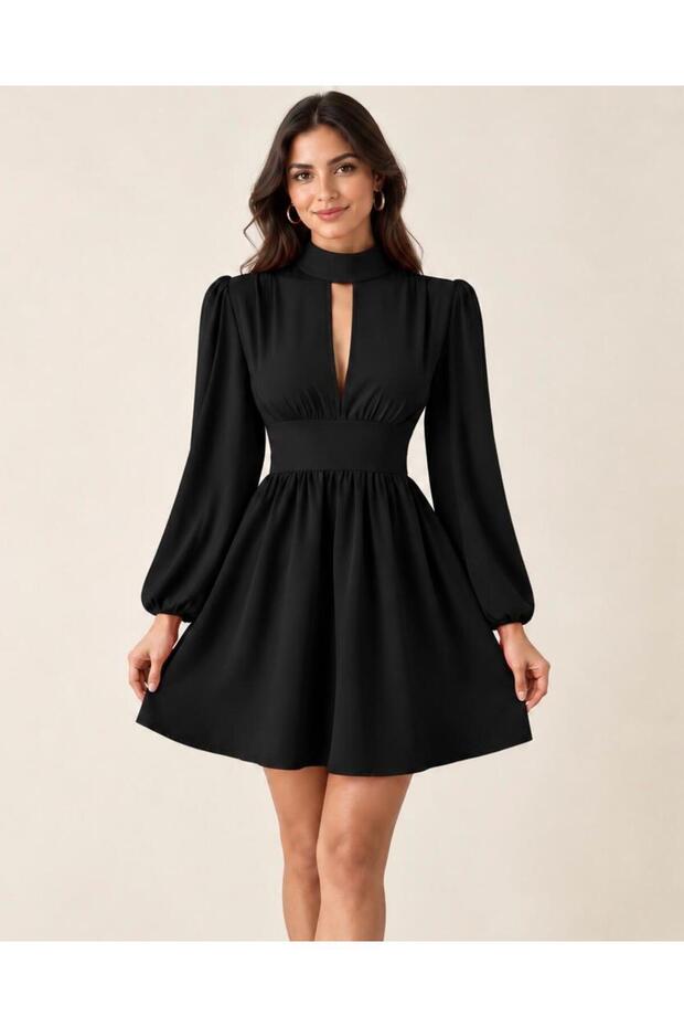 Women's High Neckline Low-Cut Detailed Waist Fitted Balloon Sleeve Mini Dress