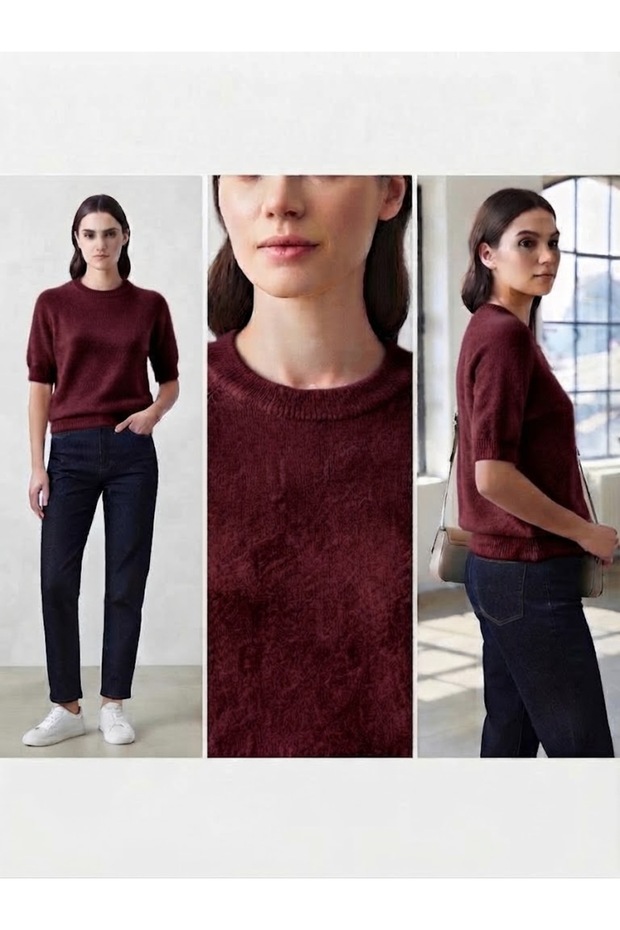 Women's Italian-Style Crew Neck Short-Sleeve Solid-Color Knit Blouse