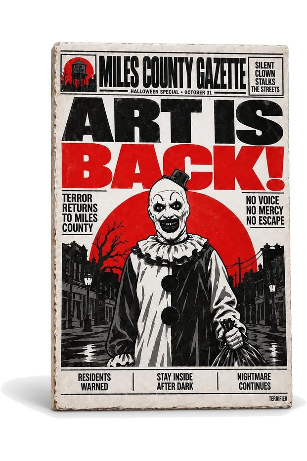 Horror Newspaper Wall Art, Silent Clown, 3D Printed Retro Front Page Plaque for Horror Fan Room