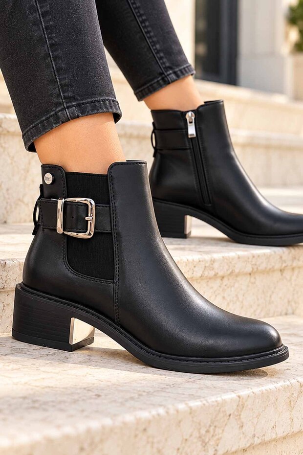 Women's Black Ankle Boots with Buckles, Elastic Details, and Zip-Up Boots