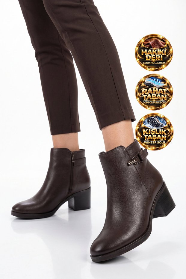 Coffee-Colored Genuine Leather Zip-Up Boots with a Front Design that Are Stylish and Comfortable for Women 92157-1