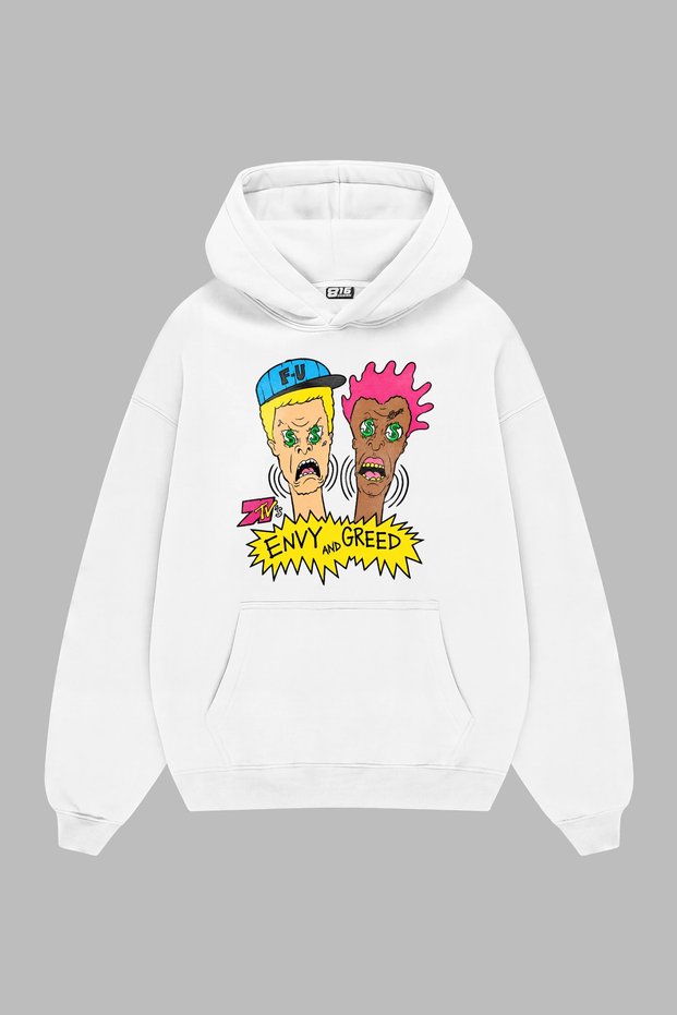 "Envy and Greed" Printed White Oversized Unisex Hoodie