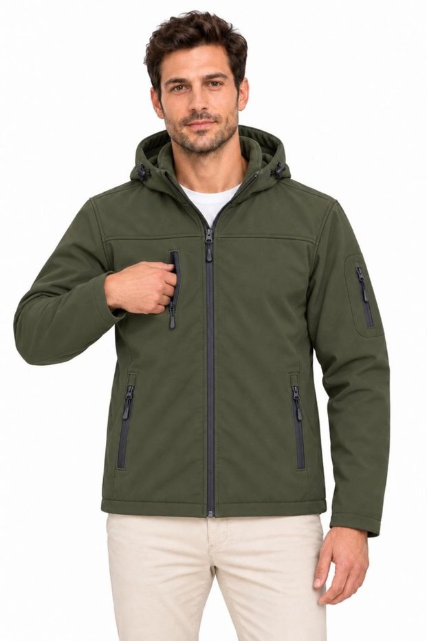 Men's Waterproof Softshell Jacket with Fleece Lining, Detachable Hood, and 4 Pockets - Khaki