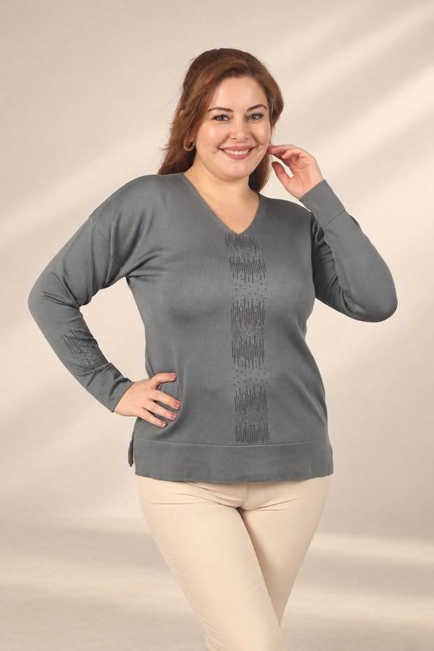 Women's V-Neck Plus-Size Knit Blouse embellished with stones on the front and sleeves