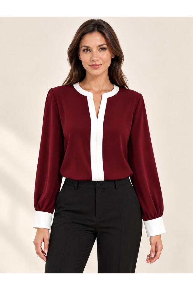 Women's V-Neck Long-Sleeved Stylish Blouse with Contrast Piping