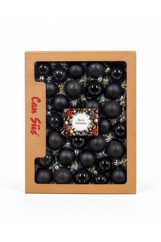 Can Süs Set of 48 Black Christmas Tree Ornaments – Matte, Shiny, and Glittery Christmas Ornaments, in a Kraft Box