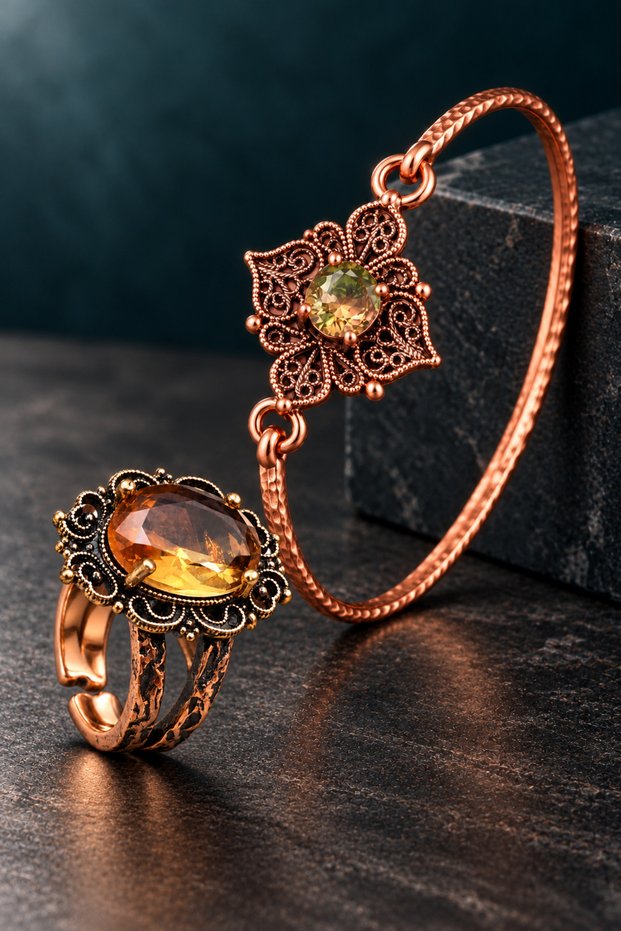 Color-Changing Zultanite Copper Women's Bracelet and Ring Set