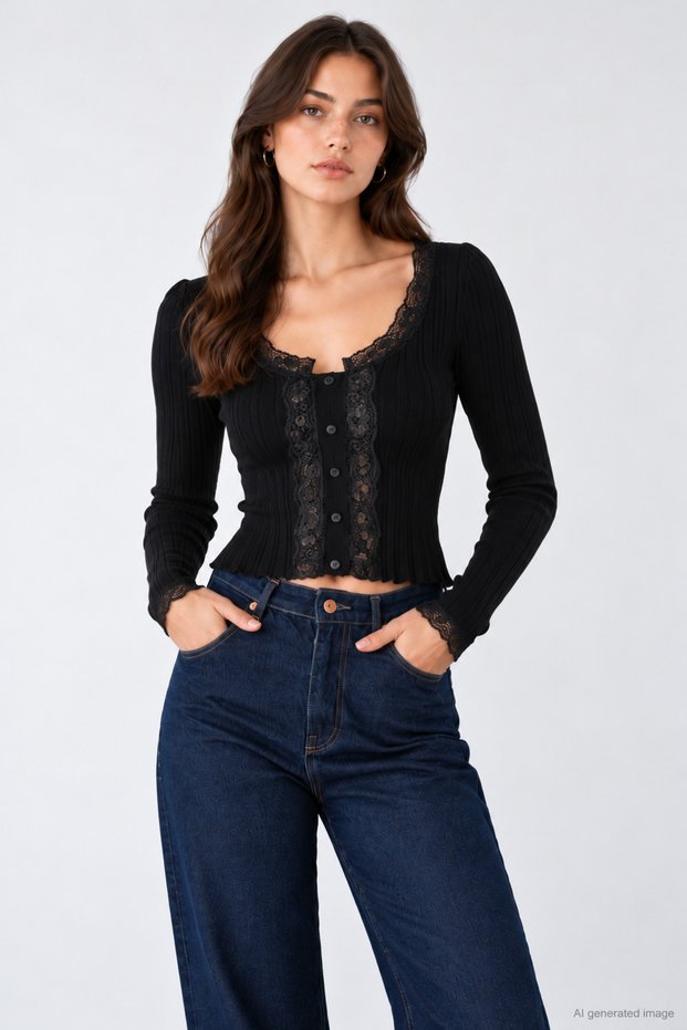 Women's Cardigan-Style Sweater with Lace Collar and Buttons